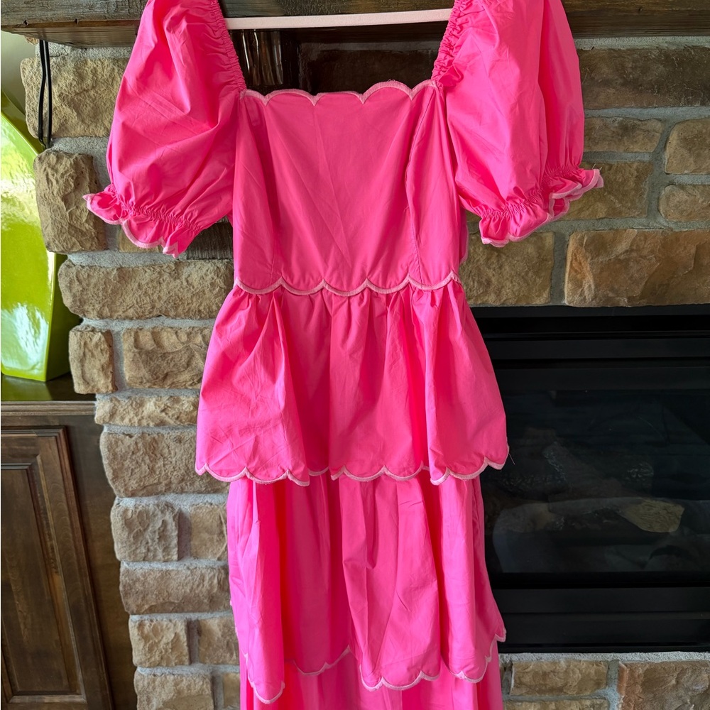 English Factory Scalloped Puff Sleeve Tiered Midi Dress NWT
